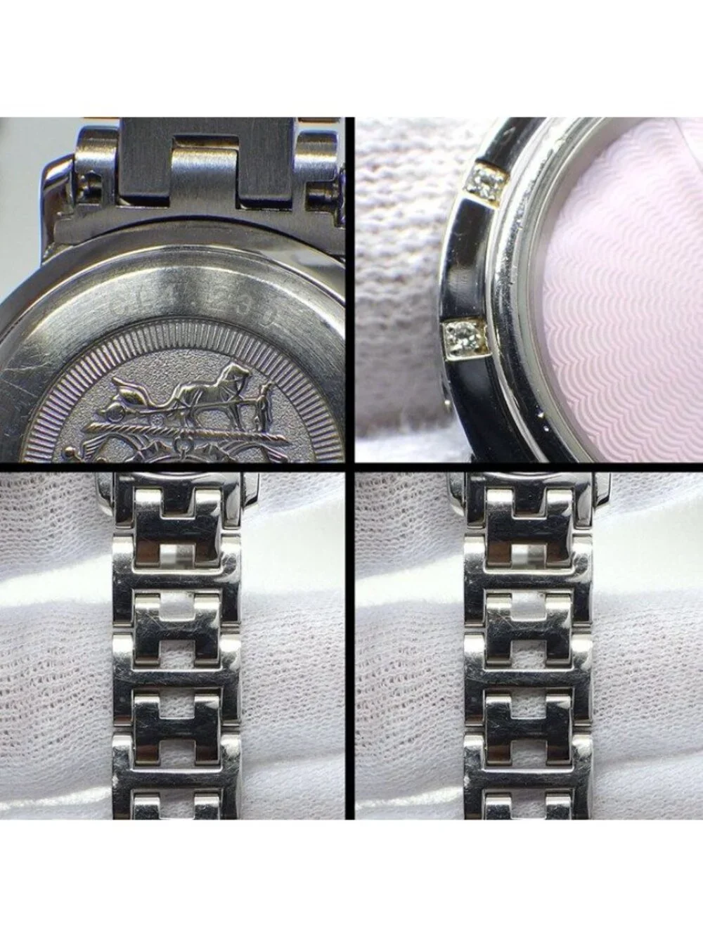 Hermes Watch Clipper Cles 12 Points Diamond Bezel Pink Shell Guilloche Dial SS